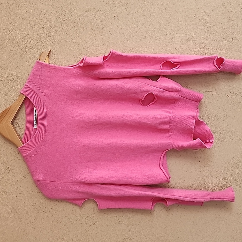 THE OPEN PRODUCT YY Pink Wool Sweater S Cut Out Distressed Korean Designer Rare - Picture 7 of 15